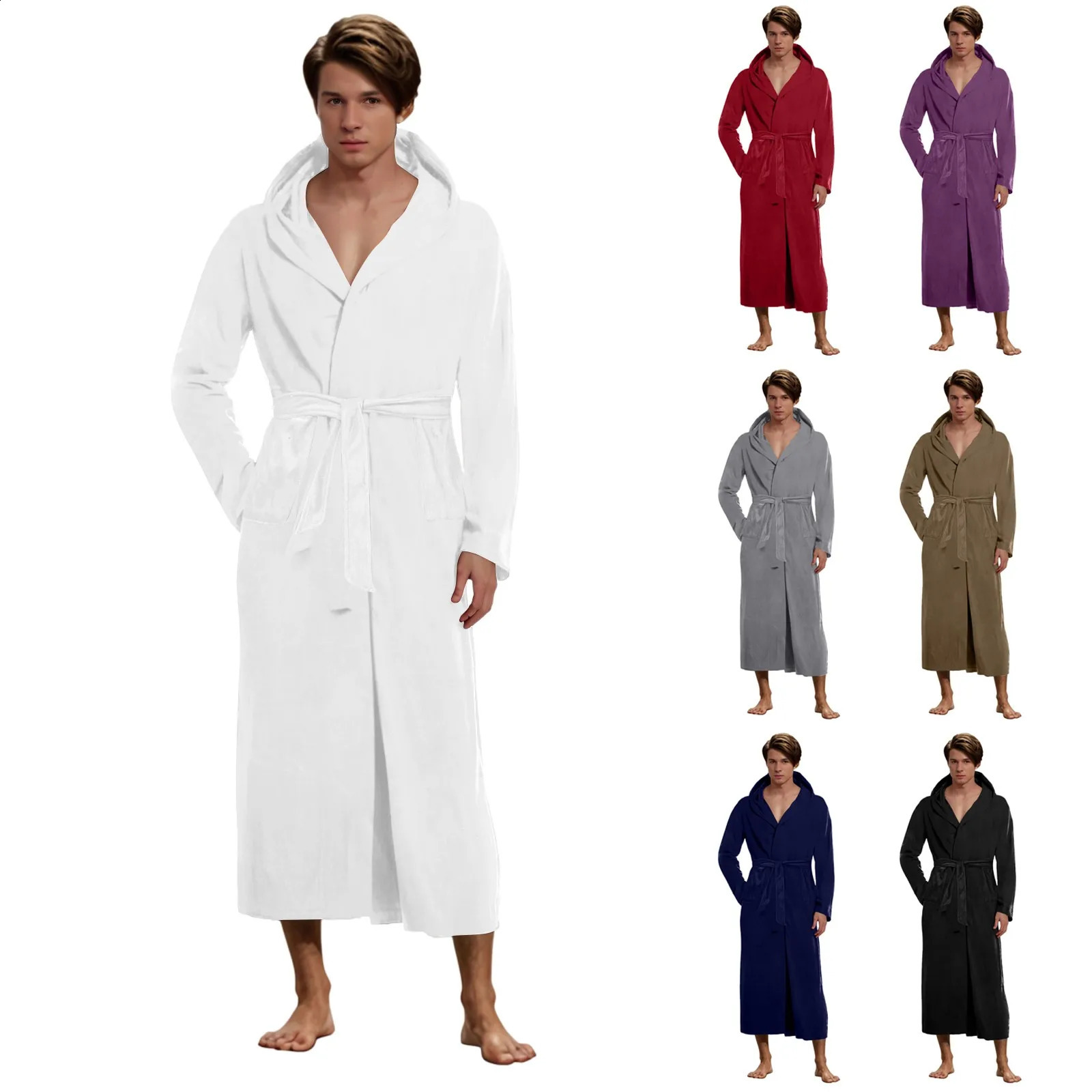 Bath Robe For Men Fall Winter Plus Size Bathrobe Long Sleeve Hooded Nightgown Home Wear Solid Plush Pajamas Nightwear 261017