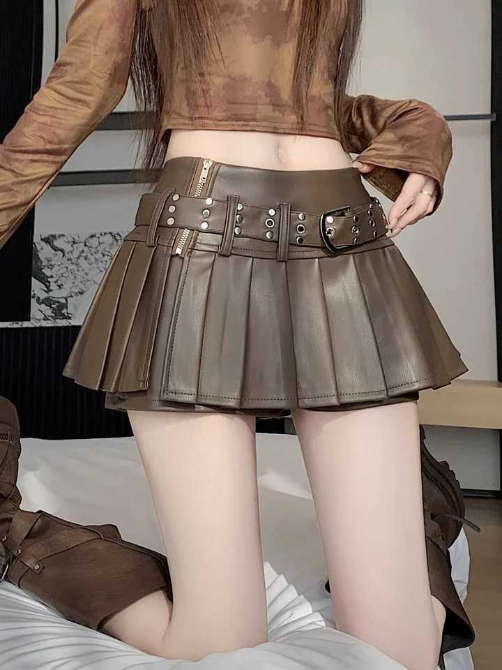 2026 New Black PU Skirts Leather High Waist A-Line Mini Skort Women Fall Winter Pleated Skirt with Shorts Anti-Exposure W261017