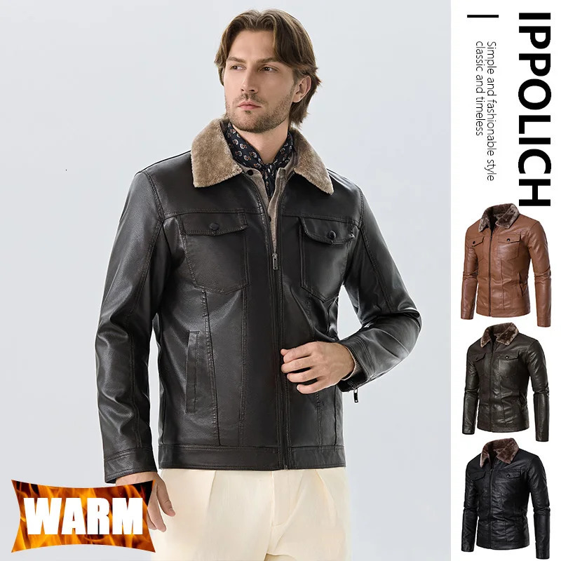Winter Men's Leather Jacket Faux Fur Thickened Plush Lining Warm PU HighEnd Business Coat 261012