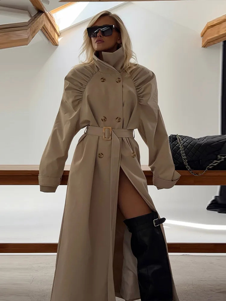 Casual Women Solid Loose Long Trench Coat with Belt Chic Stand Collar Double Breasted Oversize Long Jacket 2026 Autumn Outerwear 261013