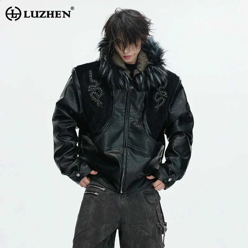 LUZHEN 2025 Winter Embroidery Pattern Patchwork n Thickened Warm Hooded Padded Coat Men's Fur Leather Parka Jacket JY5616 261014