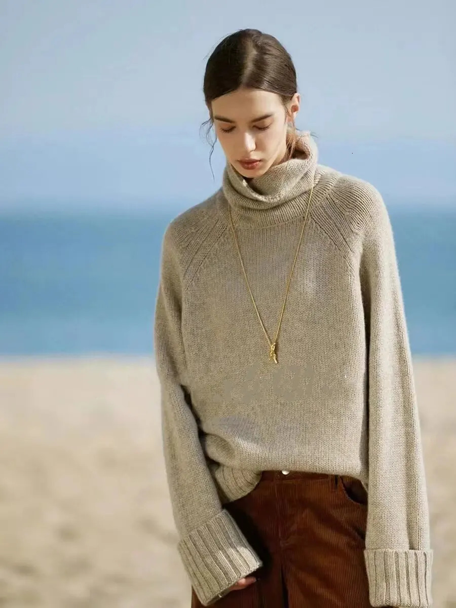Merino 100 Wool Women's High Neck Loose Thick Pullover Shoulder Sleeves Autumn Winter Casual Cashmere Knitted Sweater 261008