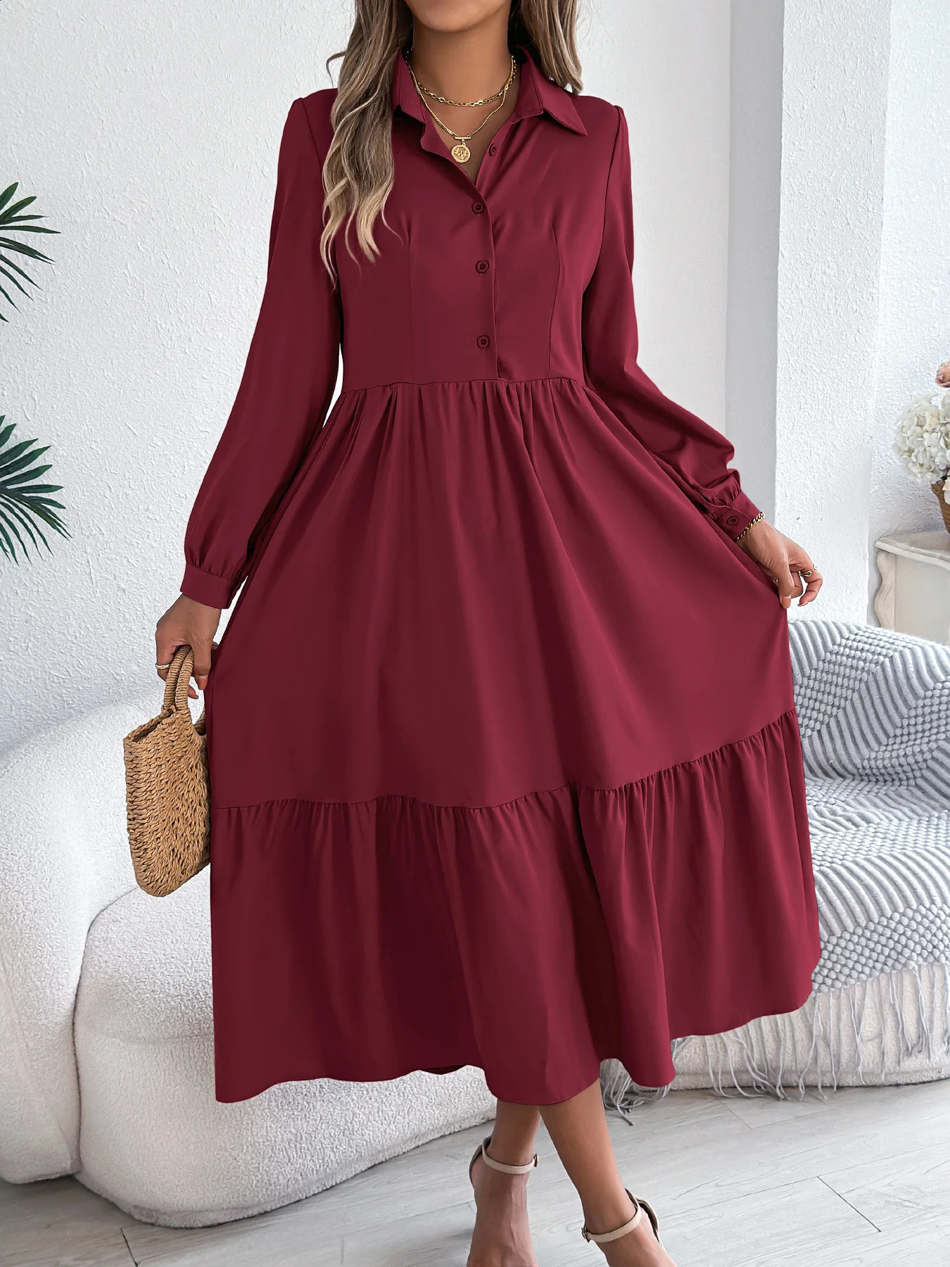 Ruffled Shirt Dresses Elegant Lapel Single-Breasted Long Sleeve Dress For Women Fall And Winter Wear Party Night Christmas Year 261017