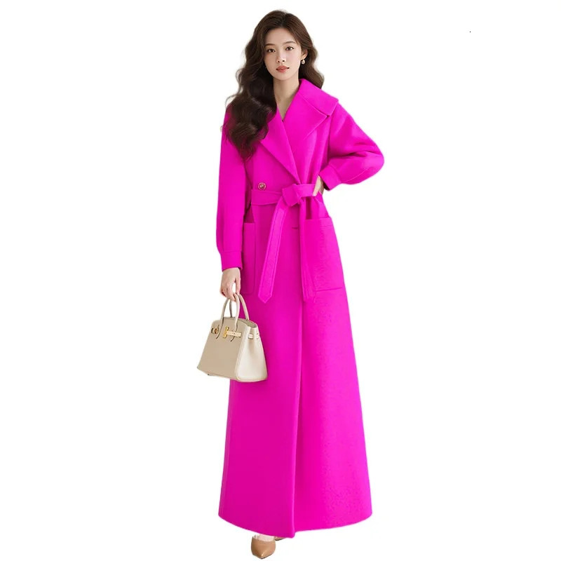 Women Winter Wool Trench Coat England Style Office Lady Double Breasted Jackets Pink Long Outwear Pockets Over Blends 261010