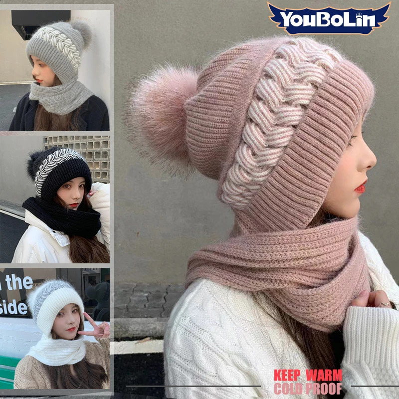 Womens Winter Warm Hat Neck Warmer Integrated Knitted Hats Thick EarProtecting Scarf Beanie 260928