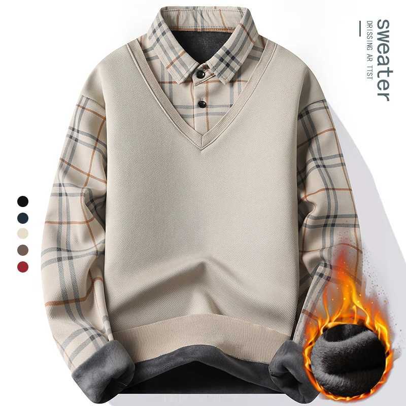 FLeece Men's Vests New Mens Collar Sweater Fake 2 Pieces Patchwork Velvet Pullovers Slim Fit Tops EleGant Knitted SweatersW261017