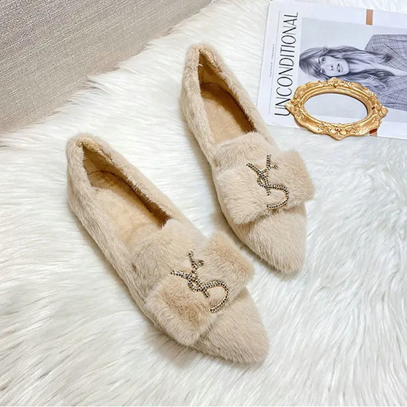 Flats Shoes for Women 2024 Autumn Pointed Flat Mink Fur Winter Shoes Velvet Women's Loafers Ladies Shoes Plus Size 41 42 43 261017