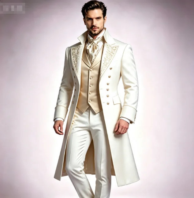 Men 3 Piece Vintage Gothic Long Tailcoat Suit Set Dark Grey Embroidery Lapel Waistcoat Pants Wedding Groom Gala Prom Customized 261017
