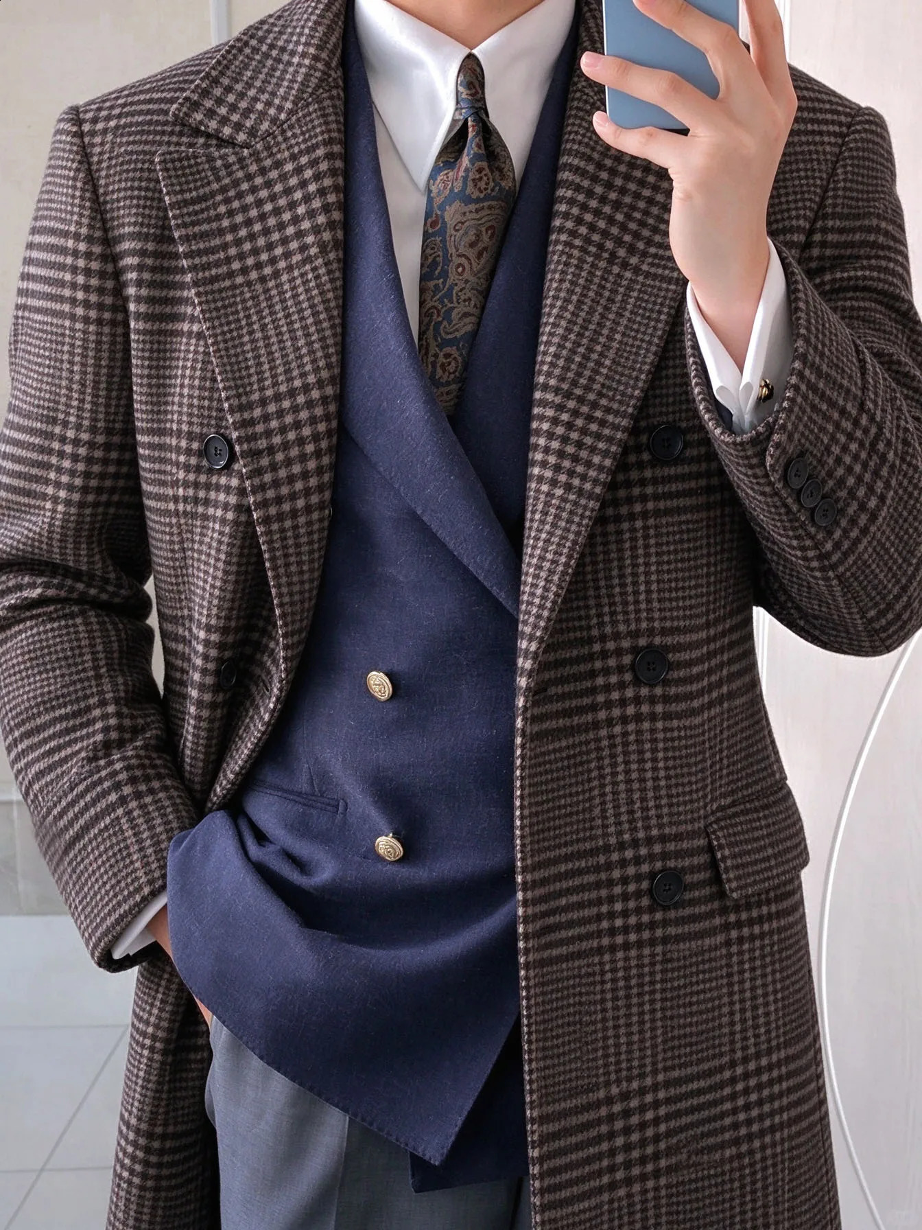 Plaid Tweed Wool Blend Men's Trench Coat Double Breasted Loose Fit MidLength Jackets Warm Windproof Busniess Casual Man Blazers 261012