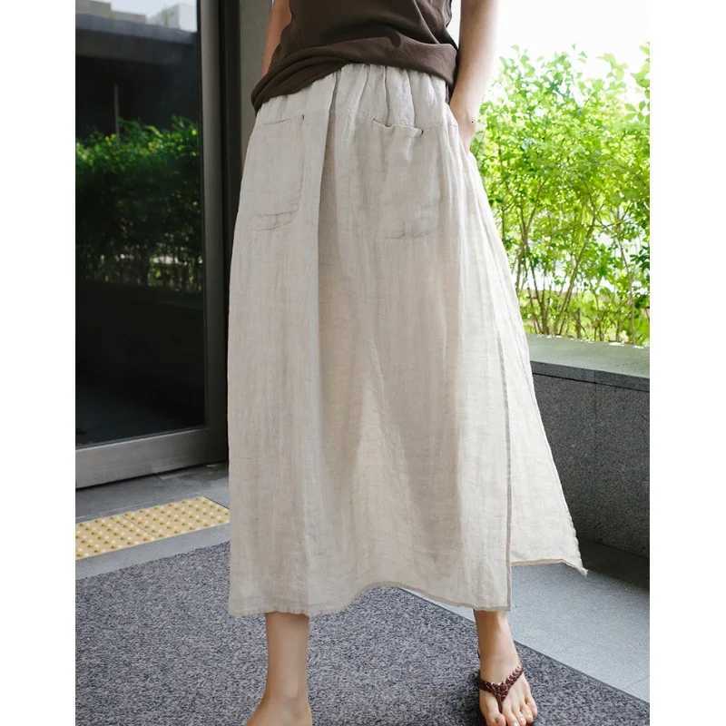 Spring Summer Two-piece Spliced Skirts Skirt Pant Women Cotton Linen Slacks Wide-leg Cropped Pants Female Mom Long Skirts for Women W261017