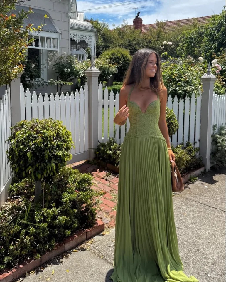 Elegant Women's Halter Long Dress Corset Pleated Dresses Evening Party Formal Wedding Guest Green Graduation Bridesmaid Gown 261013