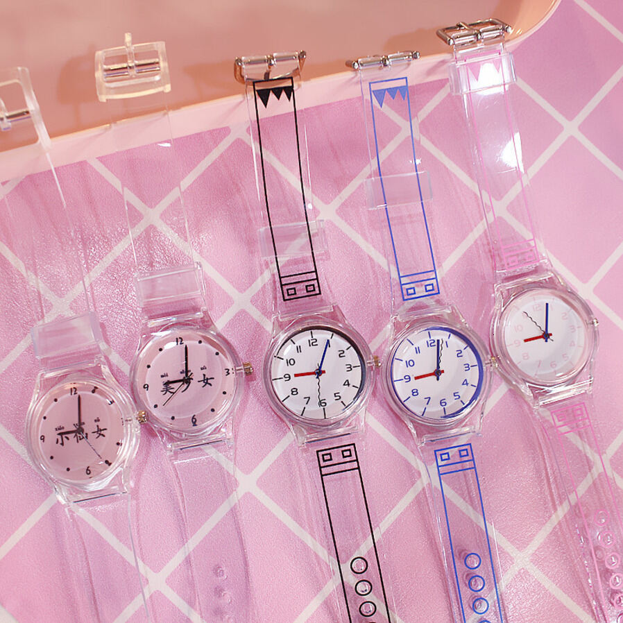 h Korean quartz Ins-Style Simple Transparent With Pink Text Elements, Fresh Casual For Girls ladies And Students Small Dial ljh123