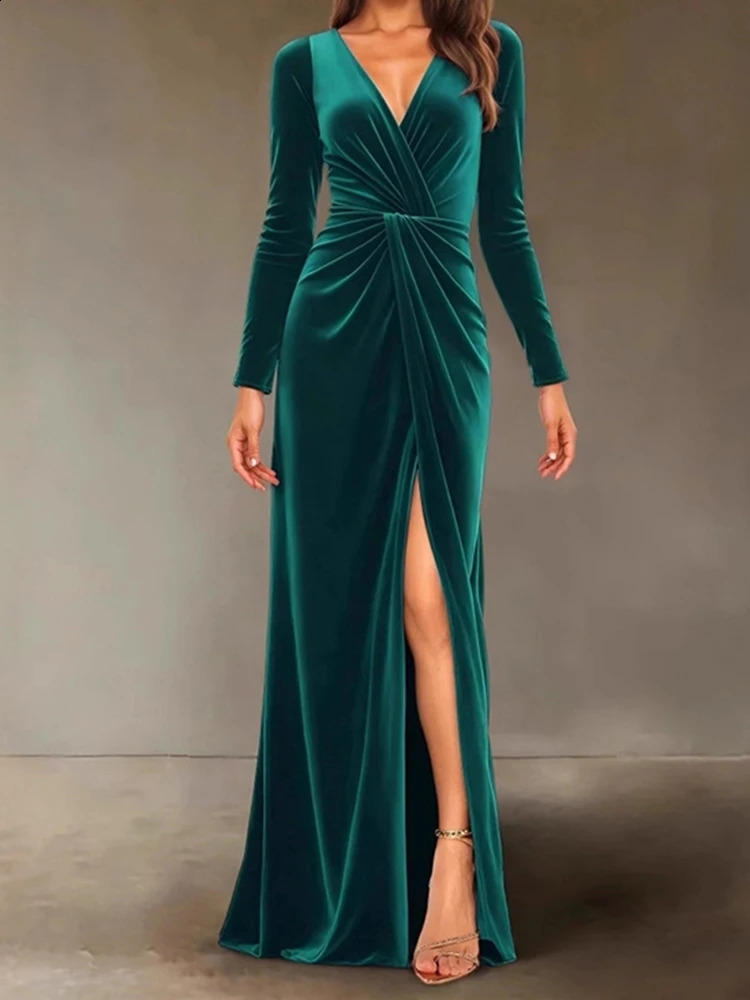 Velvet Dress for Women Autumn Winter V-neck Slim Twist High Waist Evening Dress Sexy Solid Color Pleated A-line Dresses 261015