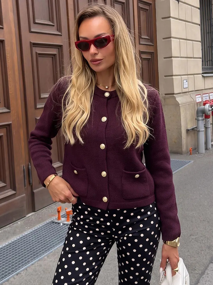 HH Vintage Women Solid Slim Pockets Cropped Elegant Party Top Long Sleeve Single Breasted O Neck Casual Autumn Vacation Cardigan 261016