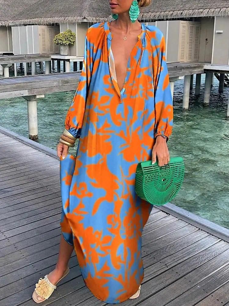 Casual Dresses Women Vintage Maxi Summer Sexy Deep V-Neck Long Sleeve Boho Print Female Beach Cover Up Elegant Robe