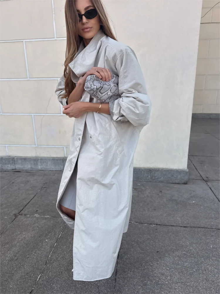 Women Solid Casual Long Trench Coat Lapel Collar Single Breasted Long Sleeve Loose Windbreaker 2026 Spring Autumn Streetwear 261013