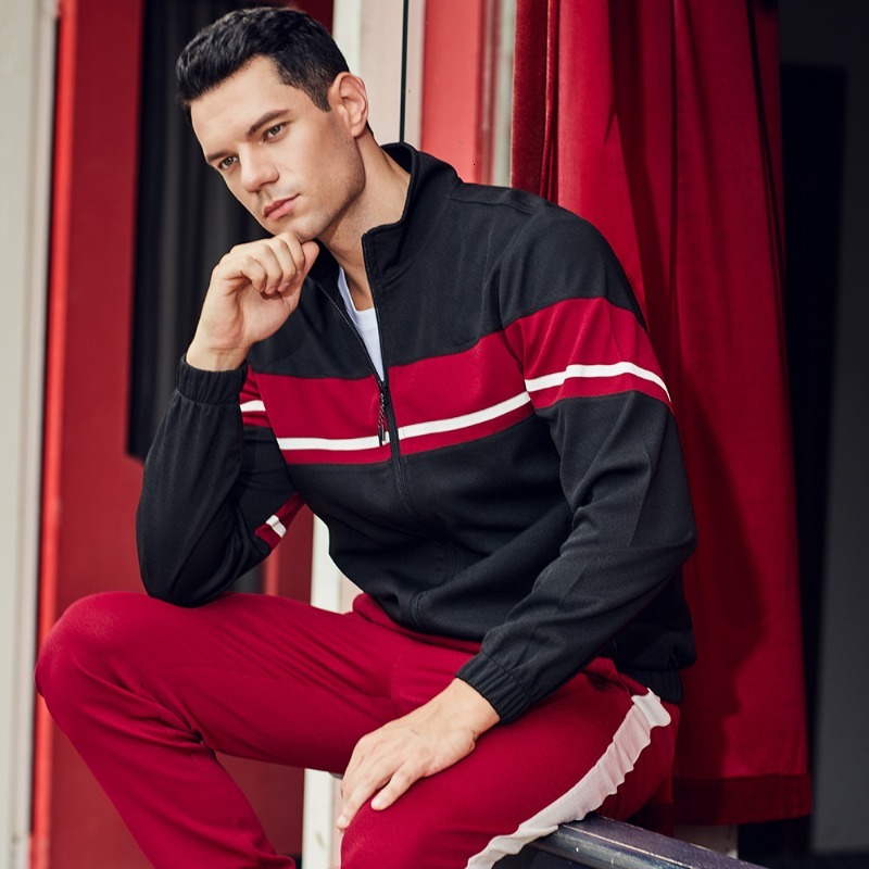 European American Men Autumn Winter Color Block Zip Sweatshirt Jogger Pants Trendy Sports Two Piece Outfit Set