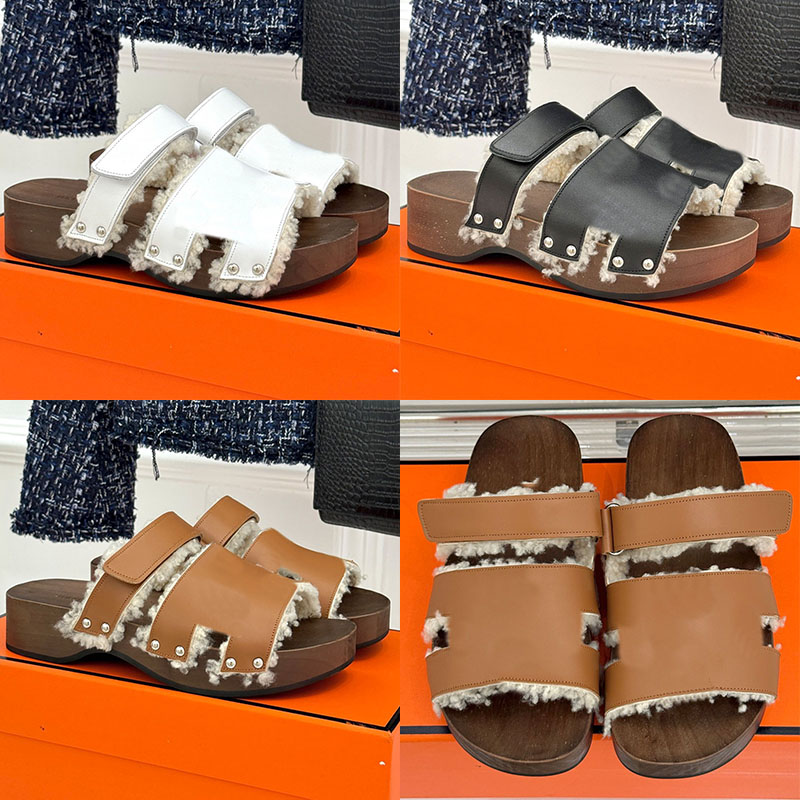 Luxury Oran Sandal Women Designer Wooden Bottom Hairy One Word Slippers With Metal Rivets Fixed Fluffy Curly Fur Retro Casual Open Toed Height Incre