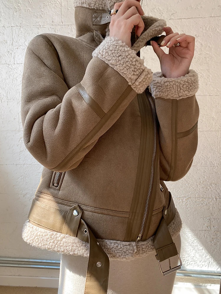 Ailegogo Streetwear Women Retro Slim Thick Warm Faux Suede Leather Fur Short Jacket Moto Biker Female Zipper Belt Coat Outwear 261009