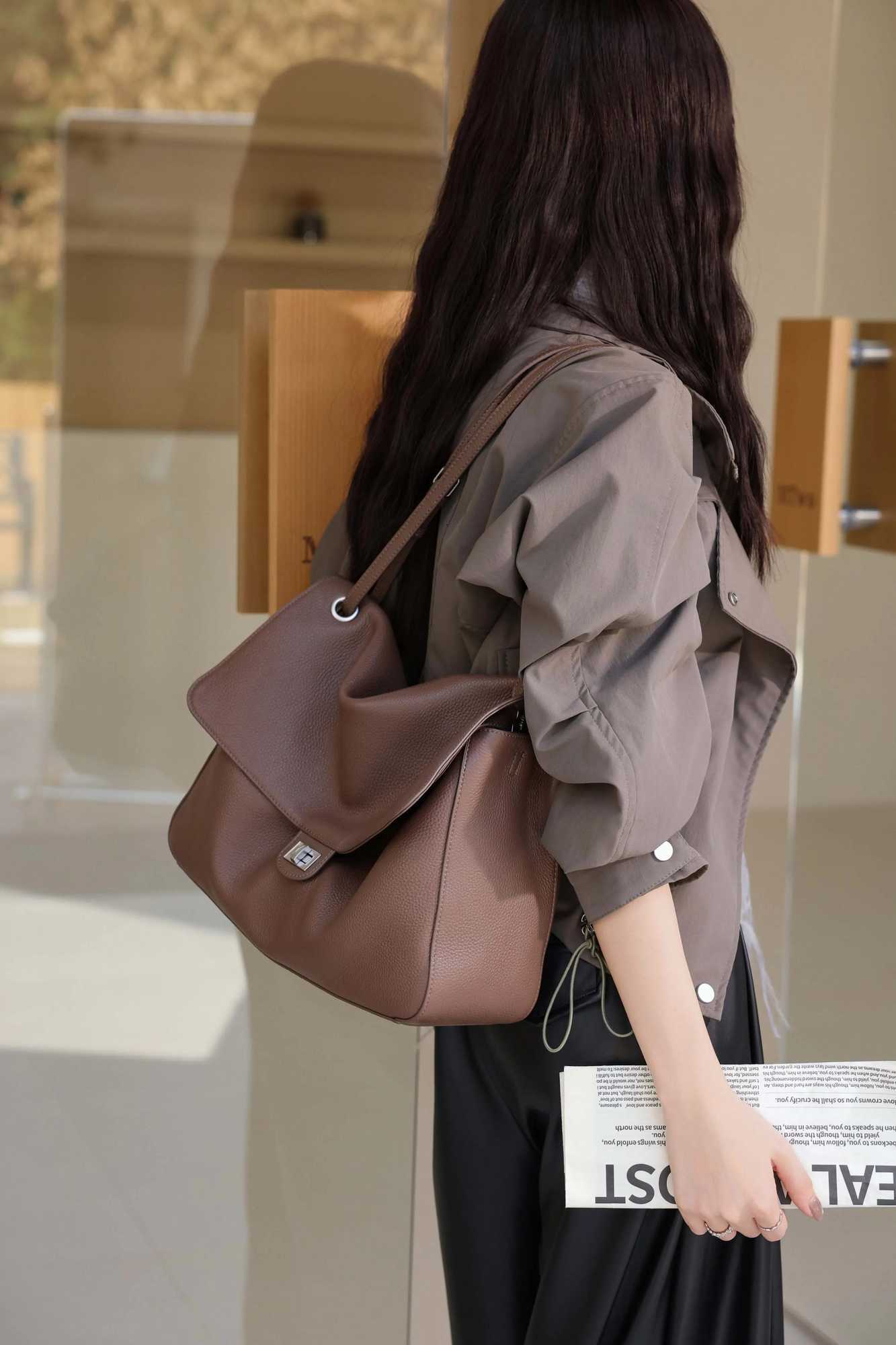 Evening Bags Topgrain Cowhide Women Flipover Tote Bag Large Capacity Laptop Shoulder Underarm Handbag for Daily Commuting H261016