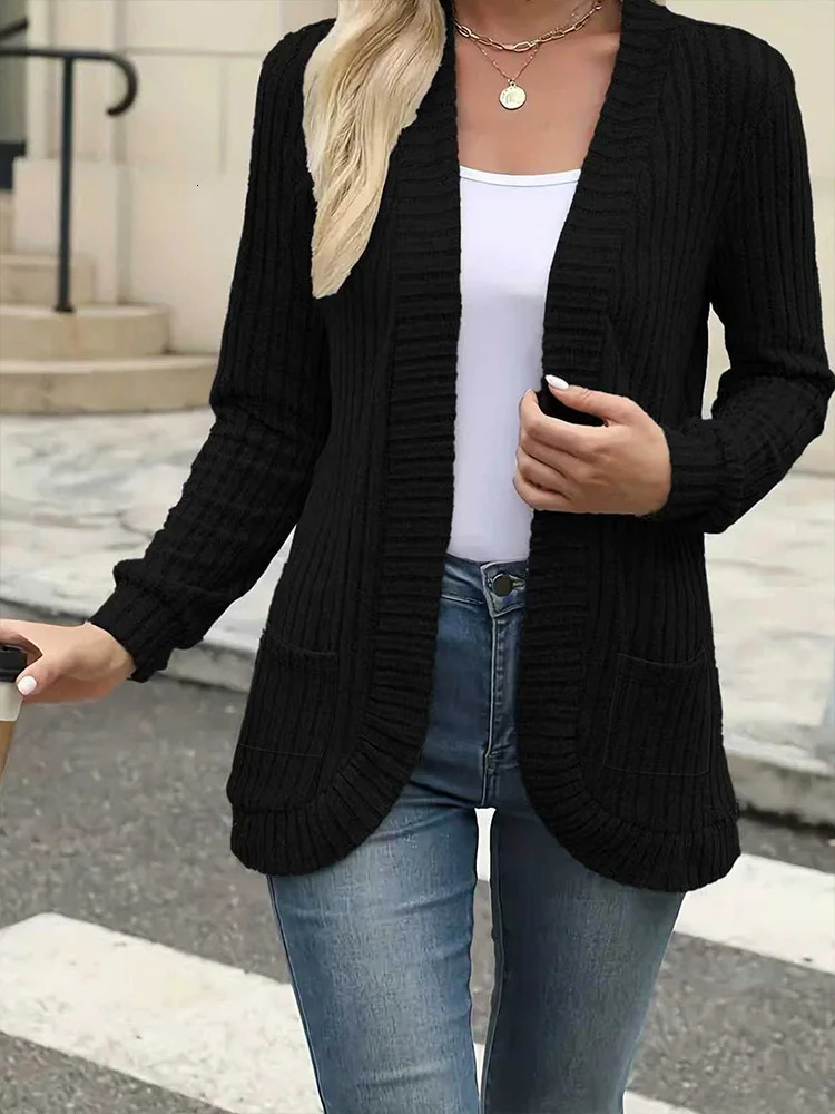 plus Size Autumn Winter Fashion Casual Solid Color Open Cardigan Daily Outerwear Loose Knitwear for Everyday Use 261014
