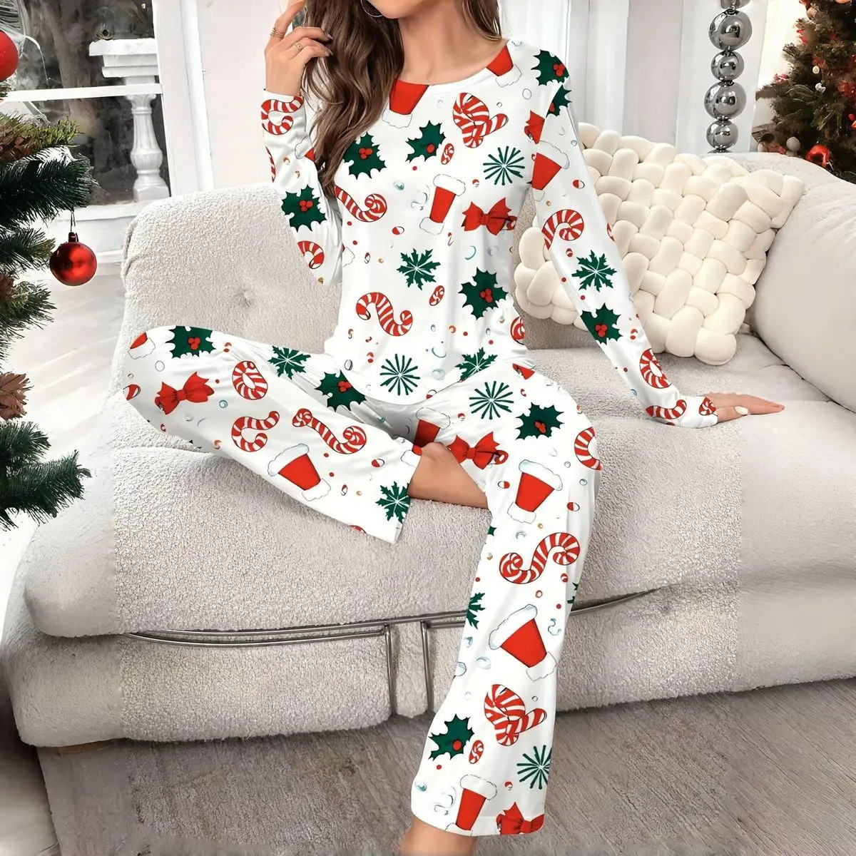 Women's Sleepwear Christmas Pajamas Set Autumn Winter Floral Printed Long Sleeve T-shirt and Long Pants Suit Loungewear 261013