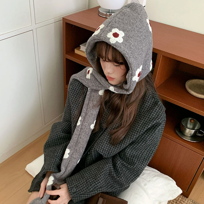 Cute floral plush hat scarf set for women new autumn/winter style warm cozy with ear protection and a hooded neck warmer
