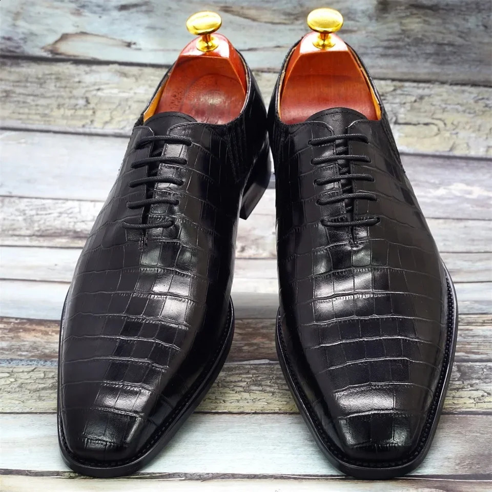 y Genuine Leather Men's Oxford Dress Shoes Alligator Print Handmade Lace-Up Whole Cut Formal Wedding Suit Shoes 261013