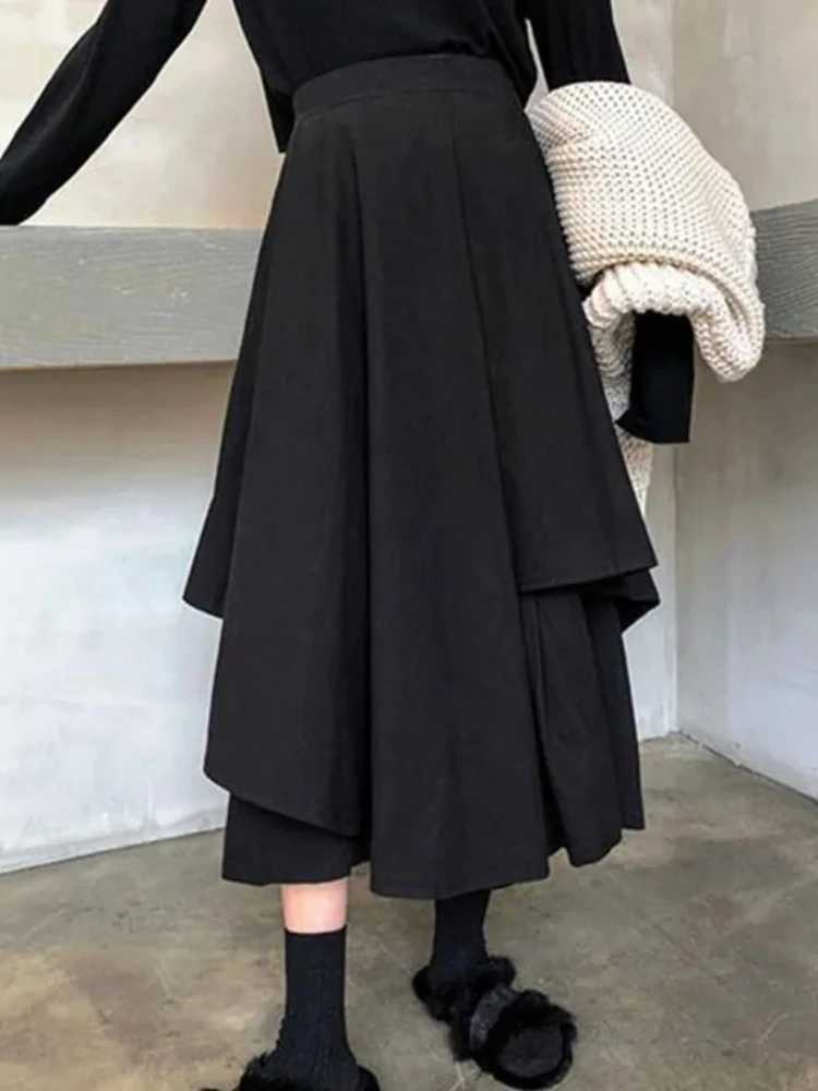 Japanese Skirts Black Skirts Woman Gothic Irregular High Waist Pleated Skirt Pants for Women Vintage Solid Cargo Skirts Female W261017