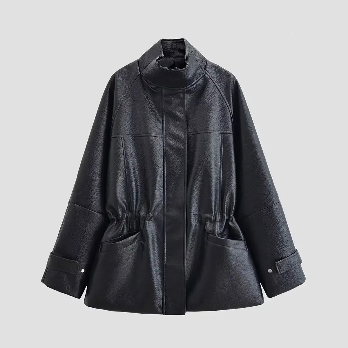 Women Leather Jacket Street Black Leather pu Women Jacket Stand Collar Long Sleeve Zipper Waist Closed Pockets Female Coat Fashion Lady Outwear Faux