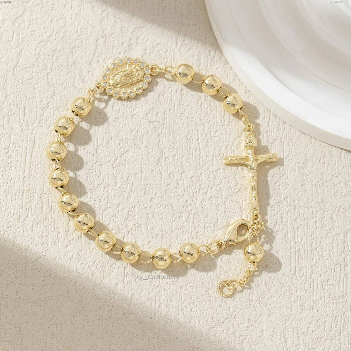 European And American Cross Pendant Micro Inlaid Bead Chain With Diamonds For Women Copper Gold Bracelet High End Gift Jewelry Artistic Retro