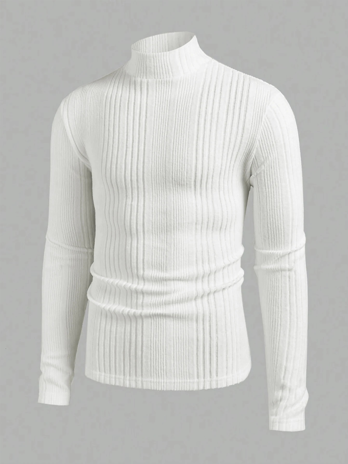 Men's High Neck Pullover Sweater Solid Striped Long Sleeve Casual Fit TShirt for Fall Winter Season 261009