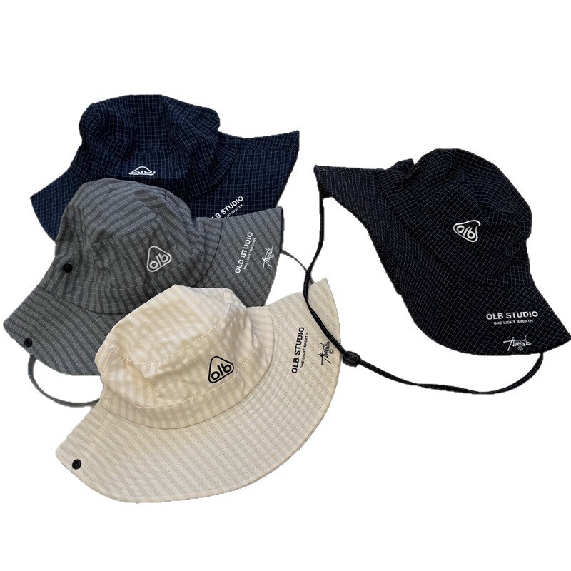 Japanese trendy brand quickdry functional outdoor cobranded fisherman men with large head circumference windproof strap plaid sunshade hiking hat fo