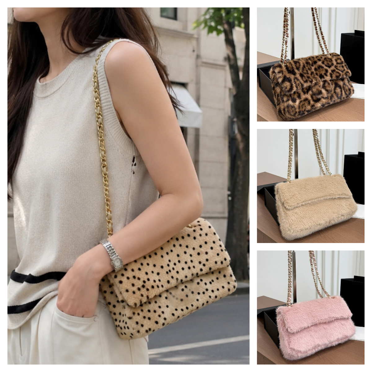 Polka Dot Fluffy Flap bag CF Chain Shoulder bag Women Trendy Winter Designer Fluffy Fur bag Crossbody bag Ladies Leopard Plush Handbags Fur Maxi Fla