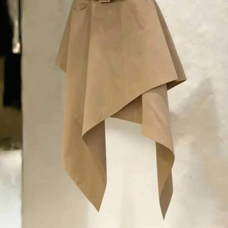 Irregular Khaki Skirts Short Summer Skirts Women French Office Lady Retro Jupe Casual High Waist Pocket Mini Skirt with Belt Y2K Faldas W261017