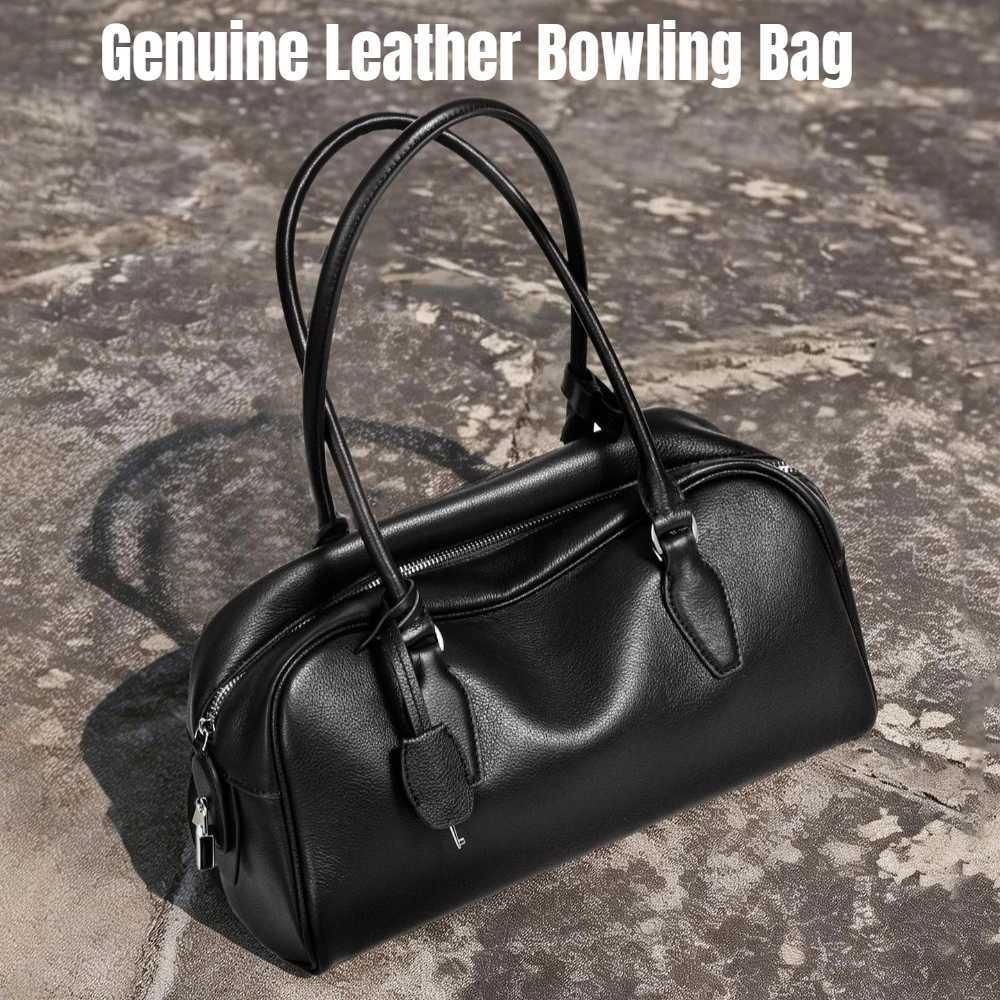 Evening Bags Genuine Leather Bowling Bag with Long Handle Niche Crossbody Handbag Versatile Top-Handle Purse H261016