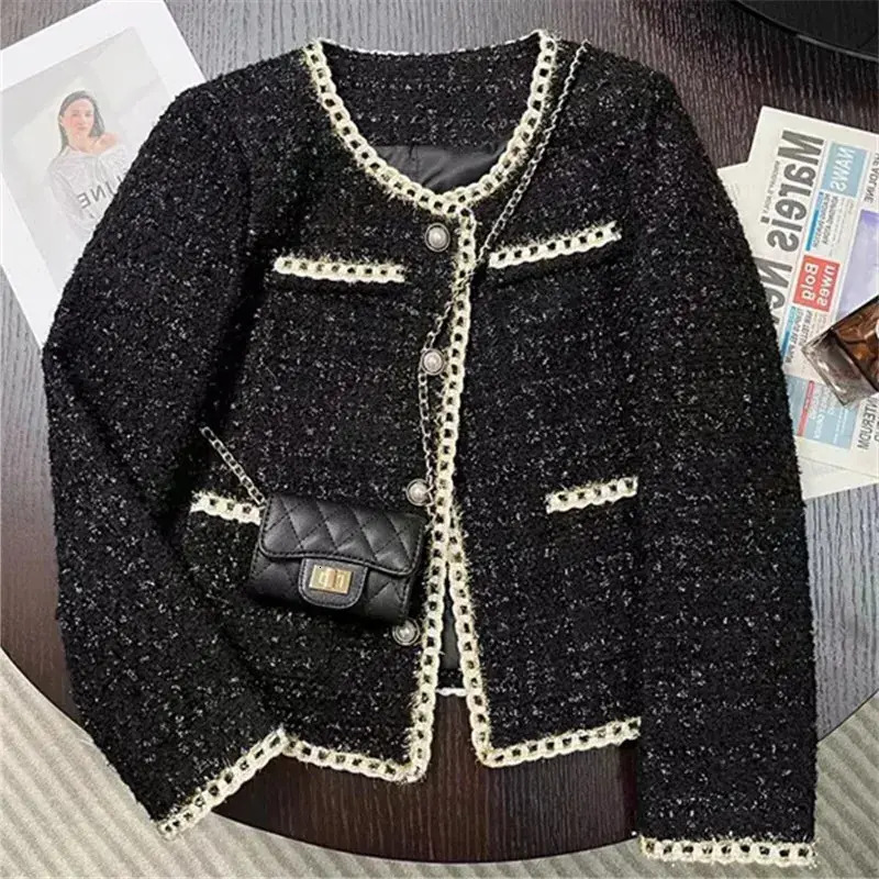 Women Wool Coat Women ladies woolen overcoat Wool Coat Womens Blends Black Short Ladies Woolen Overcoat Small Fragrance Jacket Tweed Gold Thread Wov