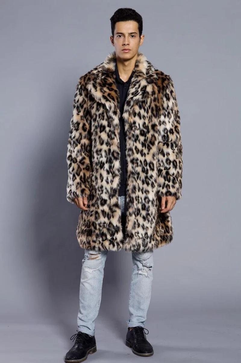 Autumn Winter Men's Faux Fur Large Lapel Long Jacket Overcoat Mens Clothing Leopard Thick Coat 261012