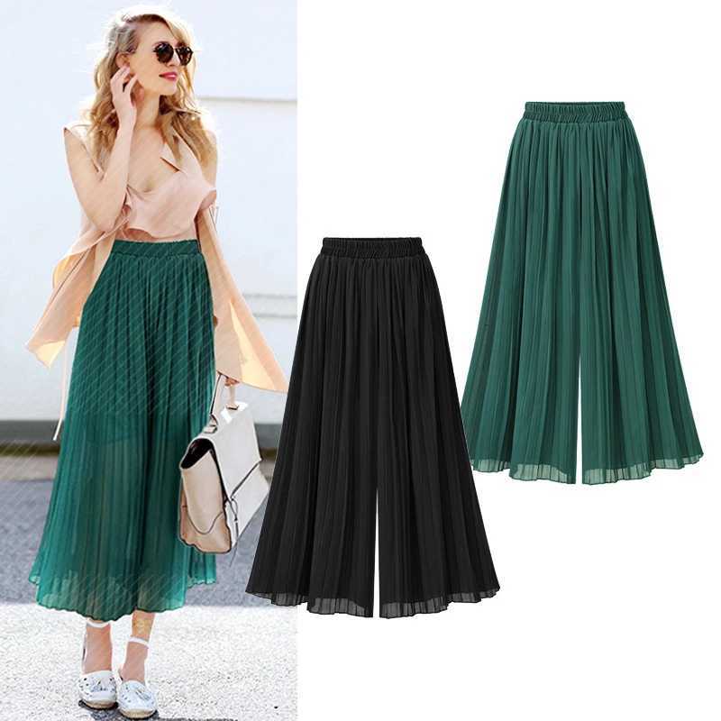 Loose Women's Pants Wide Capris Leg Plus Size Pants Women Summer Fashion Streetwear Pleated Pants Skirts Elastic Waist Culottes Black Green Tro