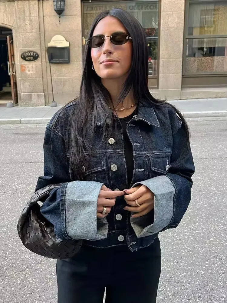 HH Women Vintage Denim Jacket Single Breasted Lapel Long Sleeve Coat With Pockets Dark Blue Fashion High Street Top 261016