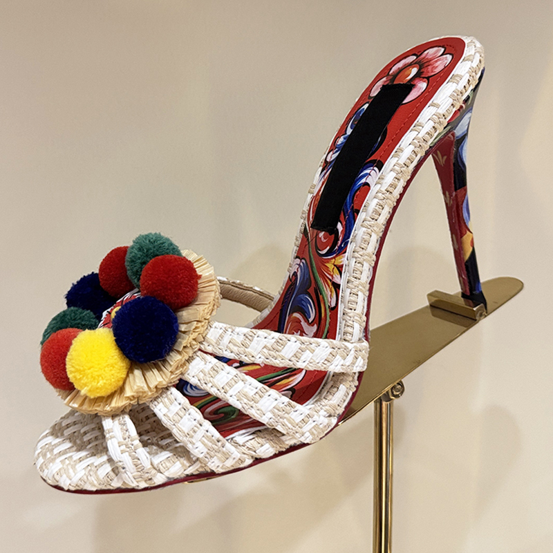 Top quality latest fashion color scheme Lafite grass woven high heels Mules luxury designer wool ball flower decoration women's sandals and sli