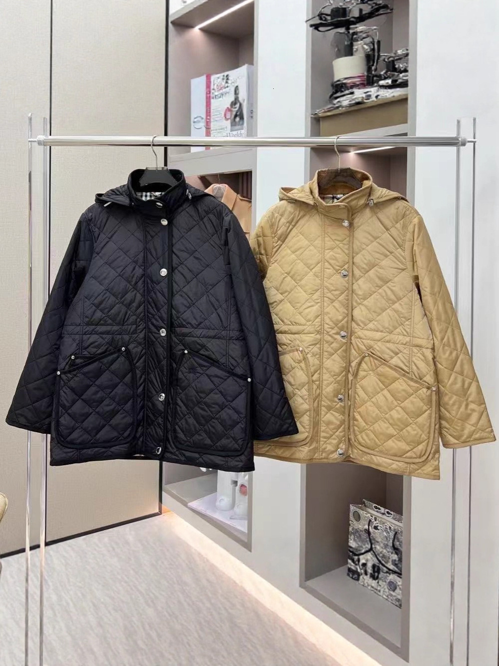 European high-end version BBR Designer cotton jacket diamond quilted nylon hooded waist-cinching jacket, plaid coat, mid-length cotton coat