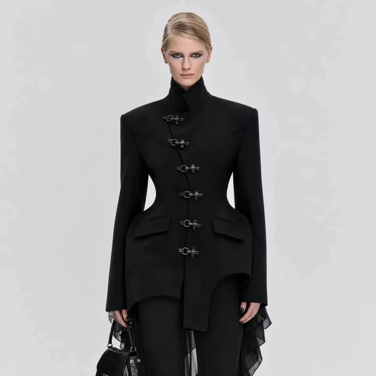 Women 2026 Black Blazer Stand Collar Metal Buckle VNeck Hollow Waist Slim Fit Party Long Suit Jacket 261017