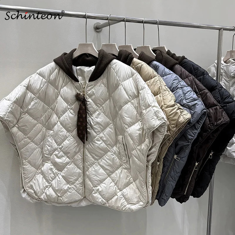 Schinteon Women's 90% White Duck Down Irregular Vest with Knitted Hood Sleeveless Jacket Fashionable Autumn Winter Cape 2026 261013