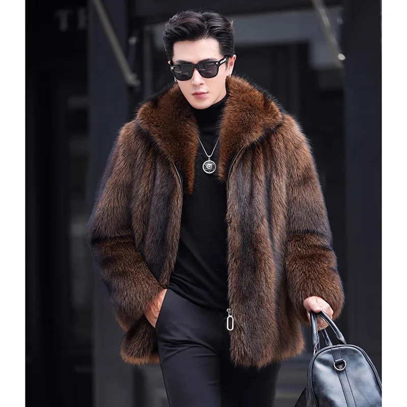 S6XL Size Fashion Men Fur Jacket Warm Stand Collar Men's Winter Coat Brown Outdoor Sports Loose Casual Parkas 261012