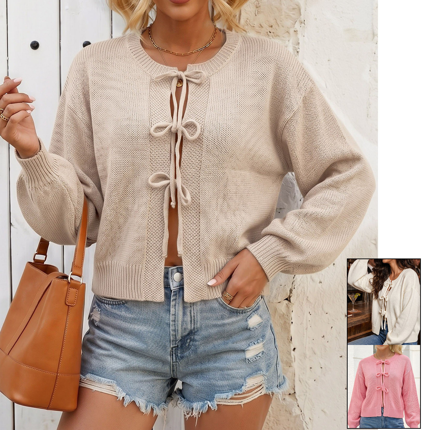 2026 Autumn And Winter Solid Color European And American Style Tied Bow Women's Sweater Round Neck Commuting Cross-border Knitted Cardigan
