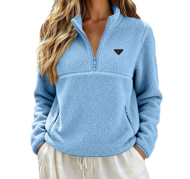 Women's Hoodie designer Fashion solid color long sleeved loose sweatshirt Luxury with fleece stand up collar and half zipper jacket
