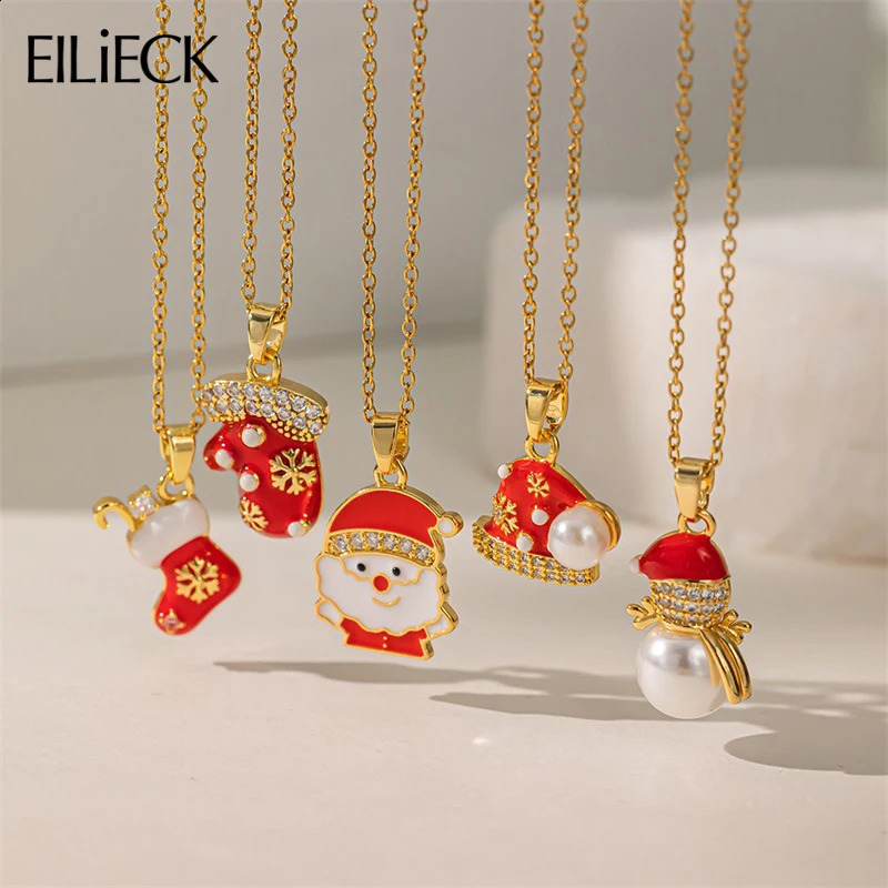EILIECK 316L Stainless Steel Christmas Pendant Necklace For Women Fashion Santa Claus Sock Gloves Neck Chain Jewelry Gift261016