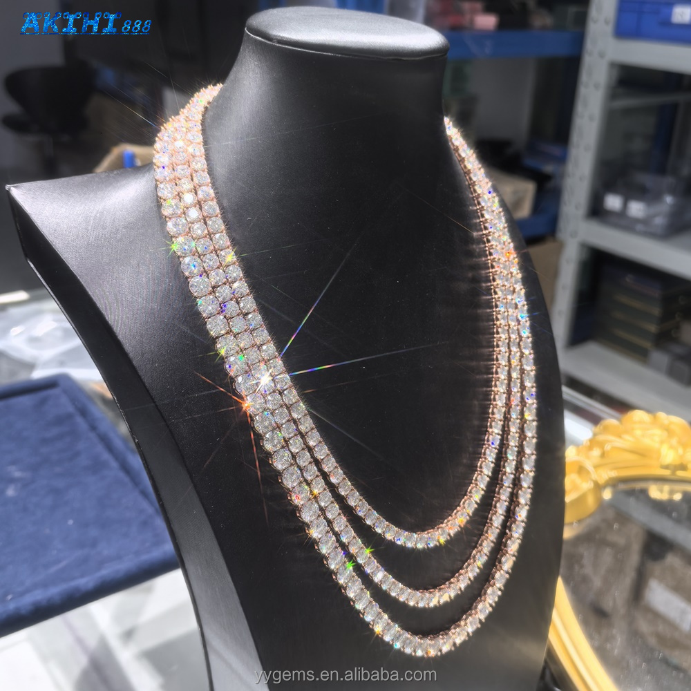 Yu Ying 925 Sterling Silver Rose Gold Plated Hip Hop Tennis Chain Necklace with VVS Moissanite GRA Certified Unisex Ice Jewelry