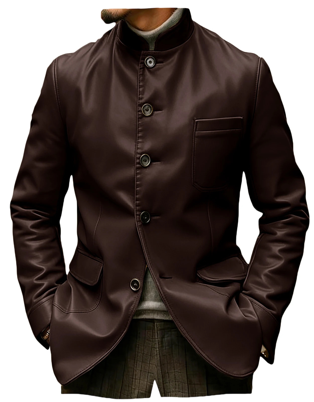 Men's Stand Collar Leather Jacket Single Breasted Casual Blazer Coat Multi Pockets Faux Leather Sport Coat For Business Outdoor 261014